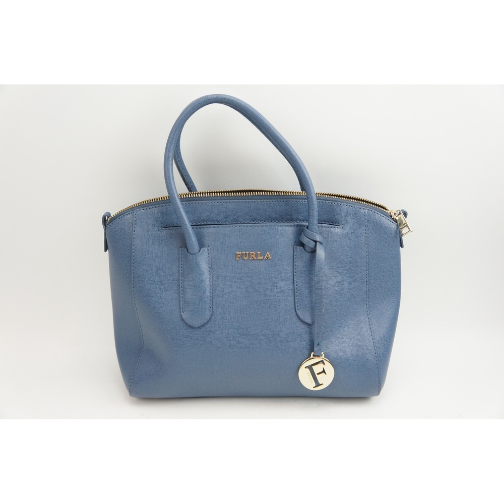Furla Satchel Handbag 2way Crossbody Blue Saffiano Leather Gold Hardware EUC